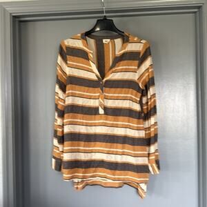 BKE Buckle Gold Striped Women's Pullover Top Long Sleeves V-Neck Buttons sz S